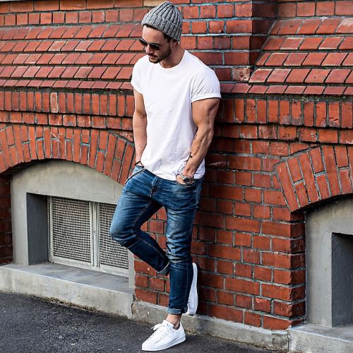 Beanie + White Tee + Denim + White Adidas Sneakers
