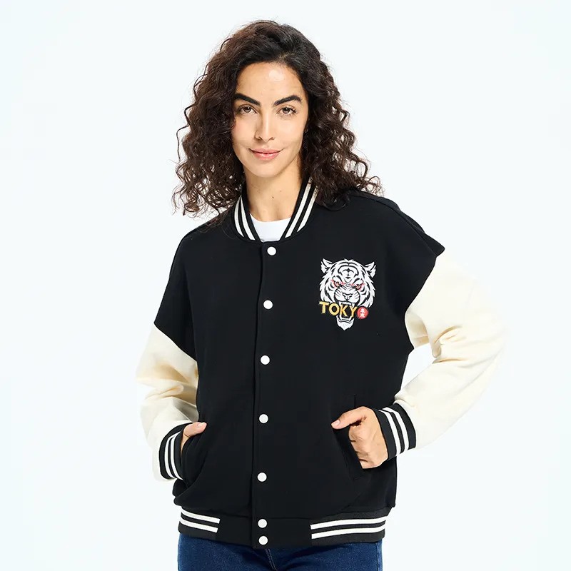 Tokyo-Tiger Up Caffeine Down Depression Embroidery Varsity Jacket