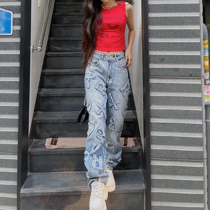 Trendy Letter Patch Straight Leg Pants