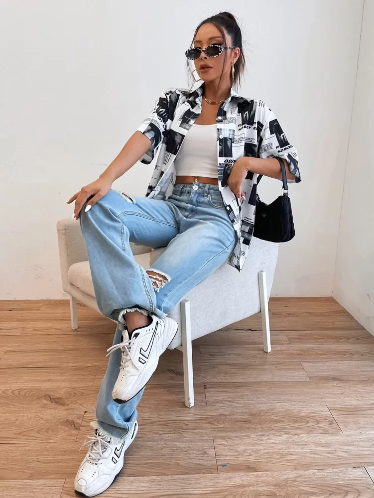 SHEIN EZwear Letter & Graphic Print Longline Blouse